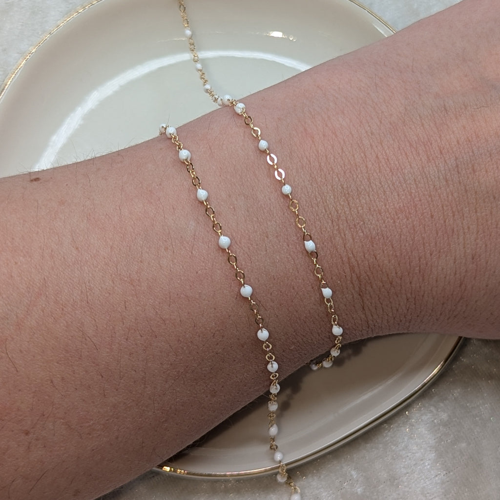 CABLE CHAIN WITH WHITE ENAMEL BEADS (Gold) - Customisable and bespoke build-your-own Gold bracelet or anklet