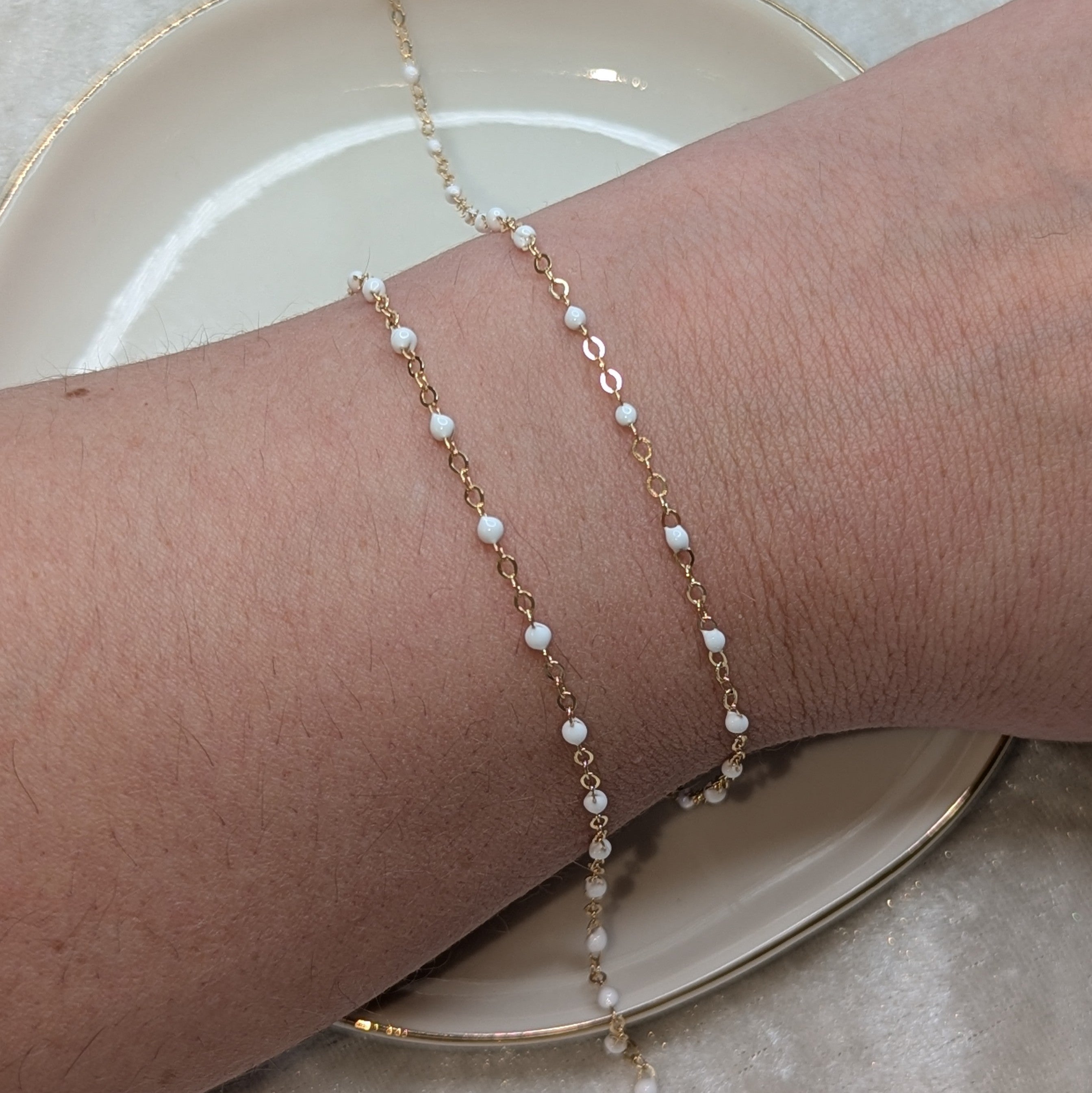 CABLE CHAIN WITH WHITE ENAMEL BEADS (Gold) - Customisable and bespoke build-your-own Gold bracelet or anklet